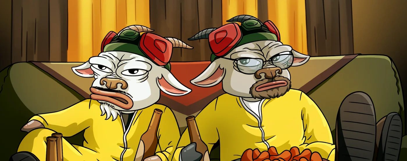 Two goats in yellow jumpsuits and green hats lounging on a couch with beer bottles and a bowl of snacks.