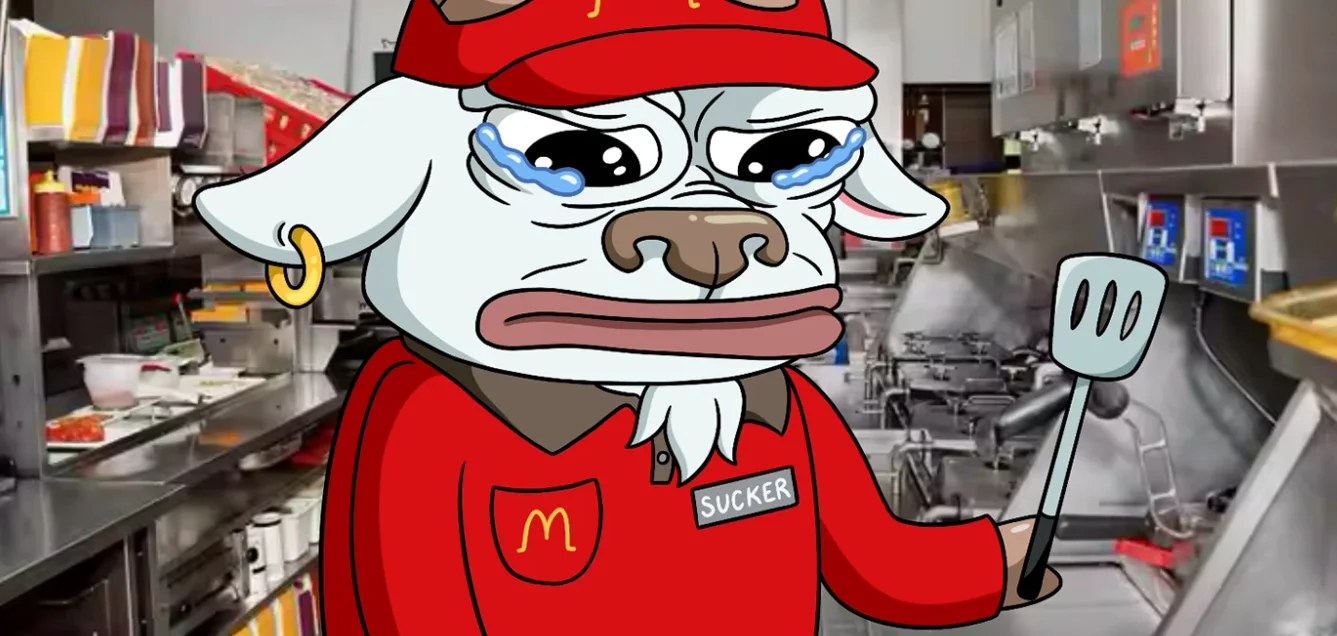 A crying goat in a red fast-food uniform and cap holding a spatula in a busy kitchen, with a name tag that reads Sucker.