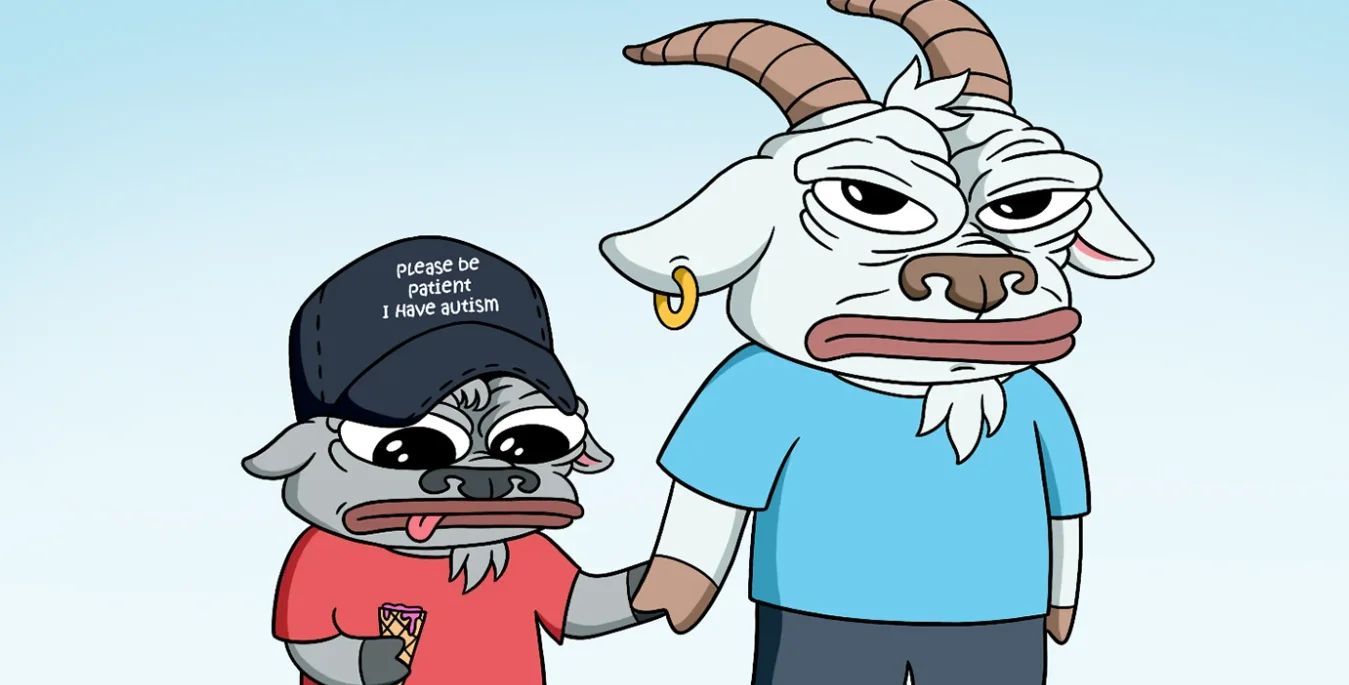 A tall white goat in a blue shirt holding hands with a small grey goat in a red shirt, a navy cap and an ice cream cone.