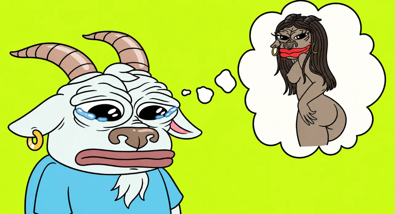 A sad goat with tears in its eyes, wearing a blue shirt, imagining a nude goat figure with long dark hair in a thought bubble.