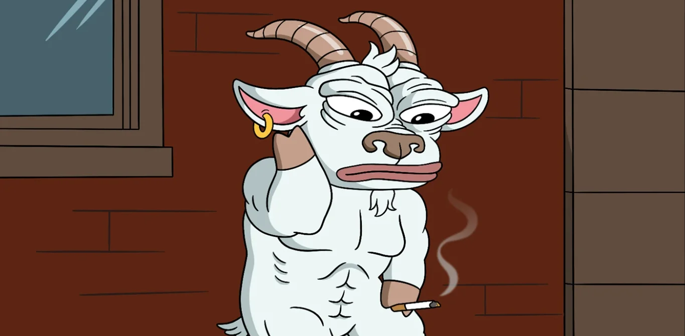 A muscular white goat with a gold earring leaning on a brick wall, holding a lit cigarette with smoke curling up.